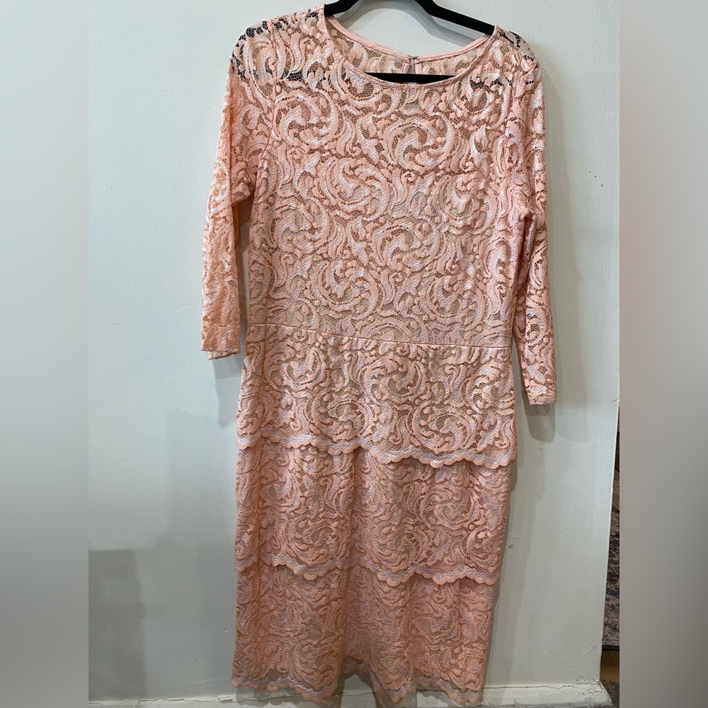 Marina Blush Lace Peplum Dress | Made in USA | 3/4 Sleeve | Size 12